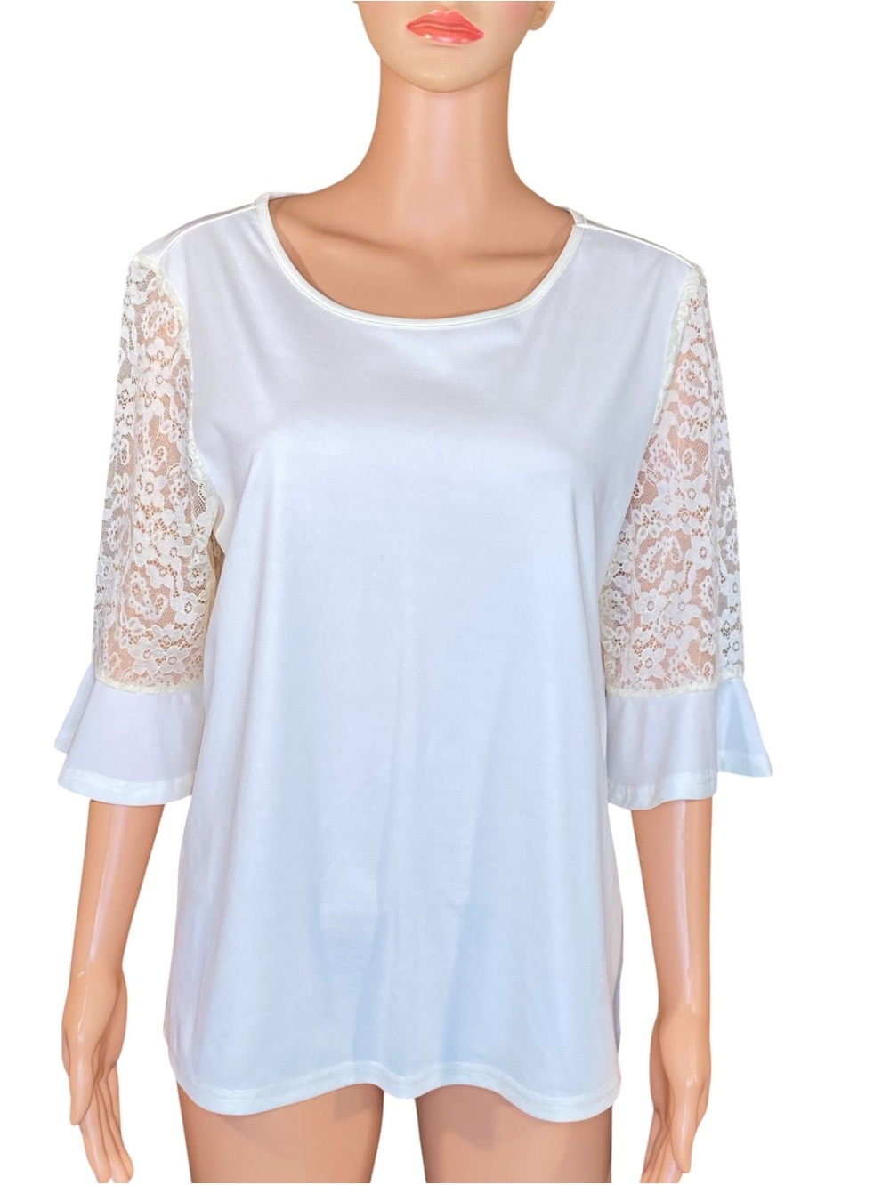 Meaveor Cream Blouse Lacey Accent 3-4 Flounce Sleeves Loose Flowy Silhouette Lg